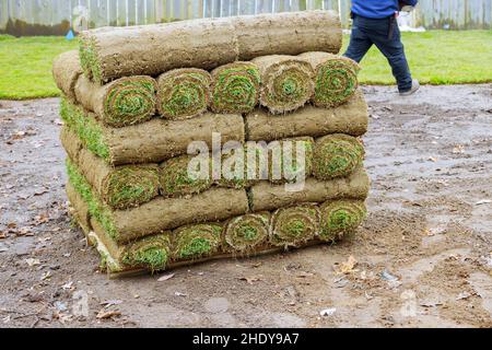 rolled sod, rolled sods Stock Photo