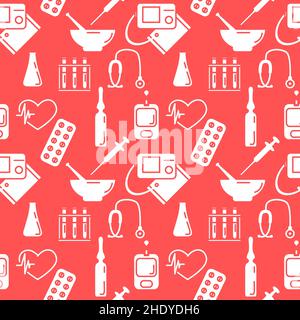 Medical Seamless pattern Vector illustration Cardiogram Tonometer Pressure measurement Pills Ampoule Flask Syringe Heart Stethoscope Blood glucose met Stock Vector