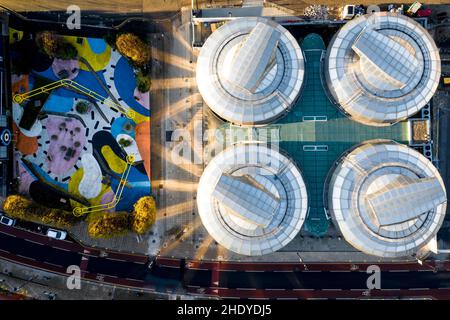 SHEFFIELD, UK - DECEMBER 16, 2021. An aerial view directly above the circular metallic buildings of Sheffield Hallam University Students' Union buildi Stock Photo