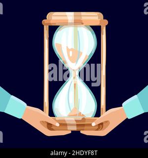 Time management concept. Golden hourglass in human hands. Vector illustration on dark blue background. Stock Vector