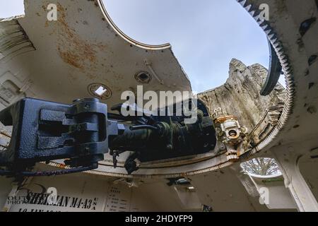 Monument of an old Sherman tank from World War Two in the Belgium Ardennes. Houffalize Jan 6 2022. Stock Photo