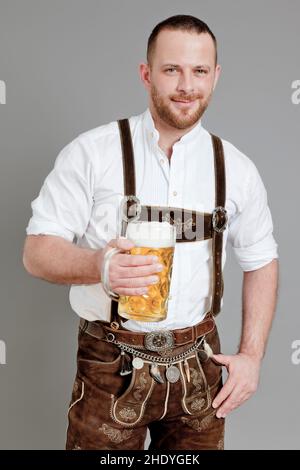 man, beer glass, bavarian, lederhosen, guy, men, bavarians, lederhosens Stock Photo