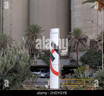 Holcim sign at LafargeHolcim España cement factory, Carboneras, Almeria, Spain Stock Photo