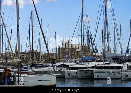 Palma, Mallorca, Spain - October 8th 2021: Ships mooring in front of Catedral Stock Photo