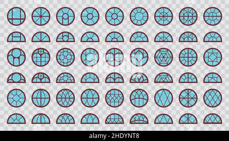 Dormer Wooden Window Frames Collection. Vector Set of Isolated Attic Windows with Sky Reflection for Outdoor View on Architecture Design. Stock Vector