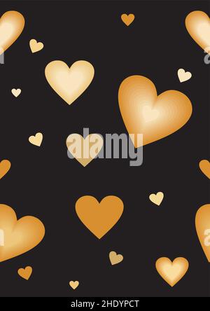 Valentine's day seamless pattern with gold ornate hearts on black background. Vector seamless texture with hearts, ideal for celebrations, wedding inv Stock Vector