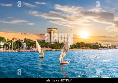 nile river, aswan, felucca, nile, nile rivers, aswans, feluccas Stock Photo