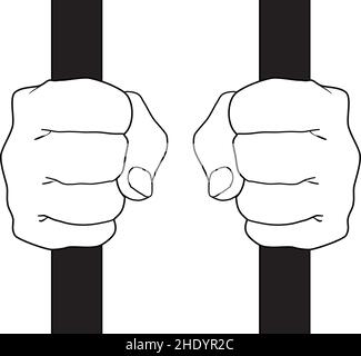 prisoner's hands closed on bars. Black and white vector drawing Stock Vector