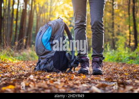 Woman is wearing hiking boot and standing next to backpack in forest at autumn. Travelling in woodland. Hiking concept. Stock Photo