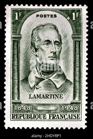 French postage stamp (1948) : Alphonse Marie Louis de Prat de Lamartine, Knight of Pratz (1790 – 1869) French author, poet, and statesman Stock Photo