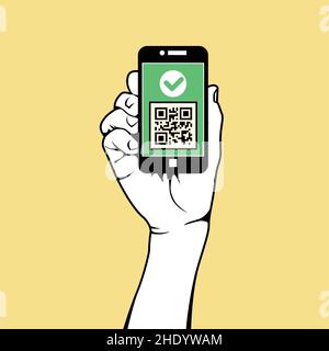 Digital vaccination certificate, woman hand with smartphone shows  immunity passport, qr code vaccination icon, vector Stock Vector