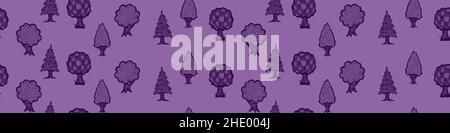 Seamless pattern with hand drawn trees on purple background. Vector illustration. Stock Vector