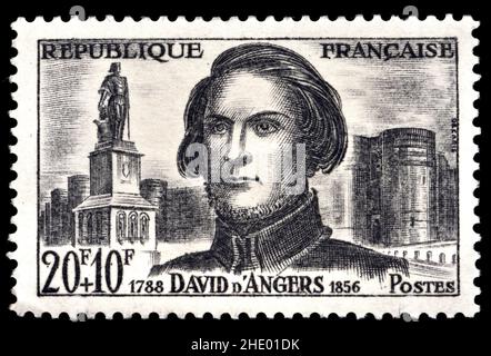 French postage stamp (1959) : Pierre-Jean David / 'David D'Angers' (1788 – 1856) French sculptor, medalist and active freemason. Stock Photo