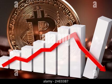 Bitcoin and bar chart with descending arrow Stock Photo