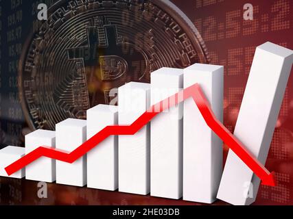 Bitcoin and bar chart with descending arrow Stock Photo