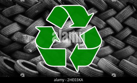 Recycling symbol and tires background Stock Photo