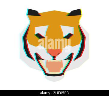 Abstract low poly tiger head in full face with glitch effect, 3d rendering Stock Photo
