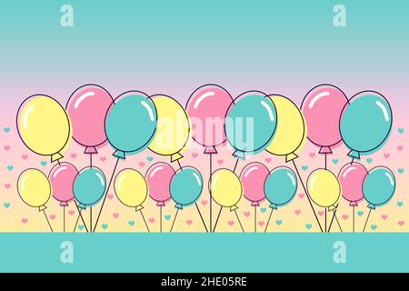 Illustration of rows of balloons in pink, yellow and green on a graduated background with space for text. Stock Photo