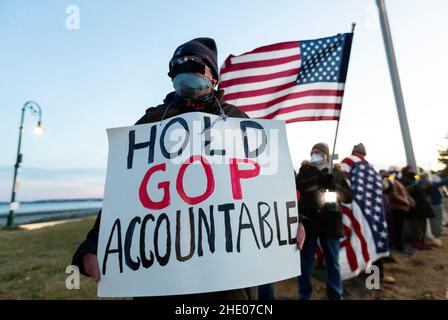 Jan. 6, 2022. Nahant, MA. North Shore residents held a vigil at the Nahant rotary to commemorate the first-year anniversary of the attack on the U.S. Stock Photo