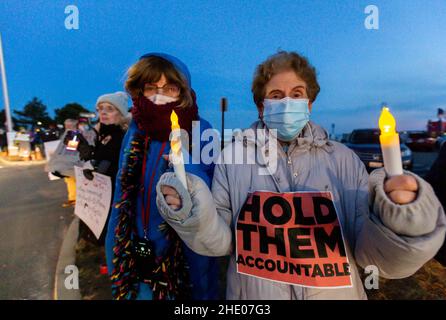 Jan. 6, 2022. Nahant, MA. North Shore residents held a vigil at the Nahant rotary to commemorate the first-year anniversary of the attack on the U.S. Stock Photo