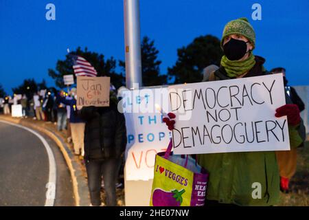 Jan. 6, 2022. Nahant, MA. North Shore residents held a vigil at the Nahant rotary to commemorate the first-year anniversary of the attack on the U.S. Stock Photo