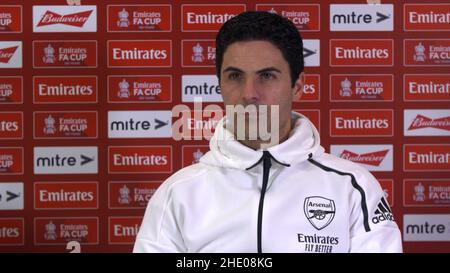 Screen grab taken from the virtual media conference with Arsenal manager Mikel Arteta. Issue date: Friday January 7, 2022. See PA story SOCCER Arsenal Shirt. Photo credit should read: Arsenal Media/PA Wire. NOTE TO EDITORS: This handout photo may only be used in for editorial reporting purposes for the contemporaneous illustration of events, things or the people in the image or facts mentioned in the caption. Reuse of the picture may require further permission from the copyright holder. Stock Photo