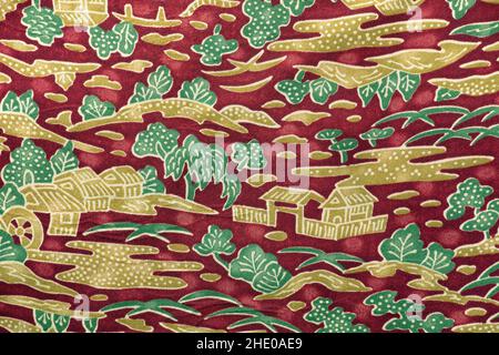 Vintage silk japanese fabric close-up with traditional printed pattern. Stock Photo