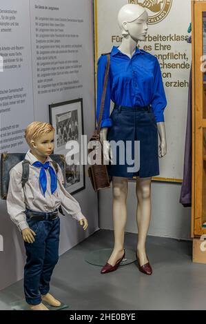 Mannequin in DDR Young Pioneer and FDJ school uniform on display at the DDR Museum in Dresden, Germany Stock Photo
