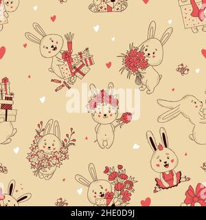 Seamless pattern with cute rabbit character. Cute bunnies with gifts and carrots, with bouquet and floral wreath, ballerina hare on light pink backgro Stock Vector