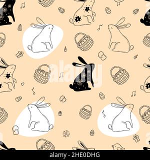 Seamless Easter pattern. Cute Easter bunnies, Easter basket, eggs and flowers, Easter cakes and gifts on beige background. Vector illustration. Outlin Stock Vector