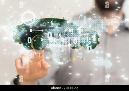 Digital render of an interconnected network of binary code around a hologram Stock Photo