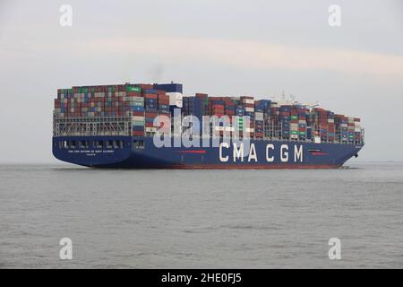 The container ship CMA CGM Antoine de Saint Exupery will pass Cuxhaven on June 18, 2021 on its way to the port of Hamburg. Stock Photo