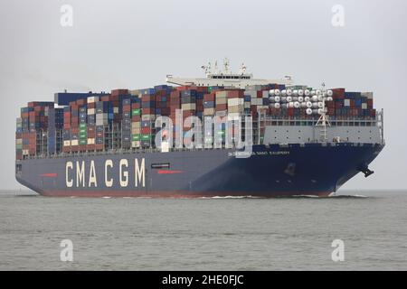 The container ship CMA CGM Antoine de Saint Exupery will pass Cuxhaven on June 18, 2021 on its way to the port of Hamburg. Stock Photo