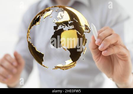 Businessman tapping on a floating render of a globe with a stylus- global network connection concept Stock Photo