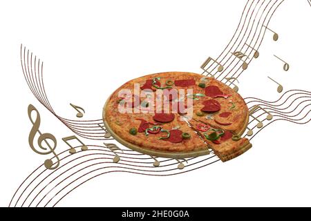 Pizza Notes 3d rendering of musical notes and white violin on the white background ...