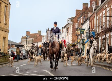 Mounted caucasian female, Whipper-in, keeping the foxhounds in order, with the aid of a long whip, ahead of the Middleton Boxing day fox hunt. Malton. Stock Photo