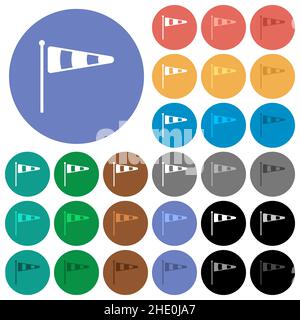 Windsock indicator solid multi colored flat icons on round backgrounds. Included white, light and dark icon variations for hover and active status eff Stock Vector