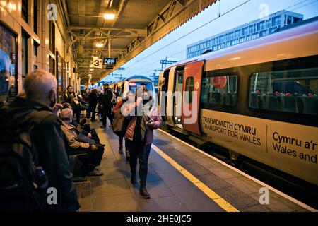 A busy platform at Cardiff Central Railway Station, Wales, UK Stock Photo