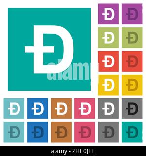 Dogecoin digital cryptocurrency multi colored flat icons on plain square backgrounds. Included white and darker icon variations for hover or active ef Stock Vector