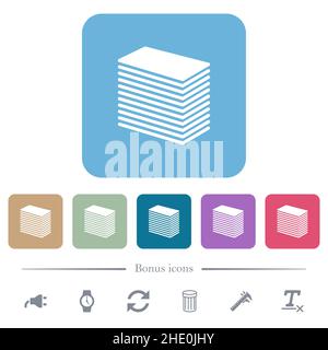 Paper stack solid white flat icons on color rounded square backgrounds. 6 bonus icons included Stock Vector