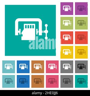 Micro sd memory card compress solid multi colored flat icons on plain square backgrounds. Included white and darker icon variations for hover or activ Stock Vector