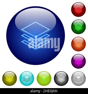 Layers outline icons on round glass buttons in multiple colors. Arranged layer structure Stock Vector