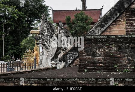 Chiangmai, Thailand - Sep 07, 2019 : Detail of Ancient large pagoda at Wat Chedi Luang Varavihara It is a temple located in the Chiang Mai province at