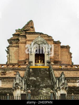Chiangmai, Thailand - Sep 07, 2019 : Ancient large pagoda at Wat Chedi Luang Varavihara It is a temple located in the Chiang Mai province at Thailand.