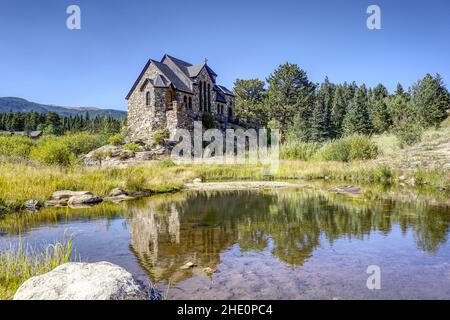 Saint Catherine of Siena Chapel or Chapel on the Rock. The Chapel on the Rock is a Catholic chapel and tourist landmark in Allenspark, Colorado Stock Photo