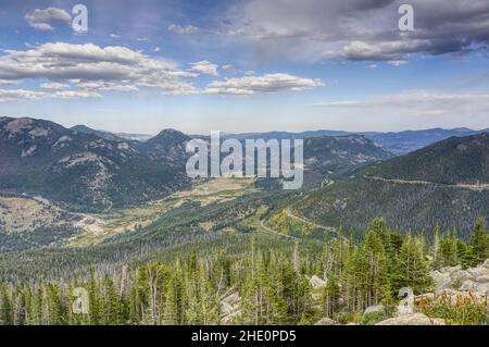 View from Rainbow Curve Overlook off of Trail Ridge Road in Rocky Mountain National Park. Stock Photo