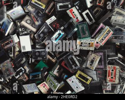 Izmir, Turkey - October 5, 2021: Stack of Tape cassettes background Stock Photo