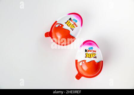 May 4, 2021. New York. Kinder joy chocolate eggs with toy surprise inside. Stock Photo