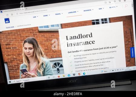Axa Insurance Company on a laptop computer screen. Landlord insurance page. Stock Photo