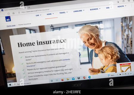 Axa Insurance Company on a laptop computer screen. Home Insurance page. Stock Photo